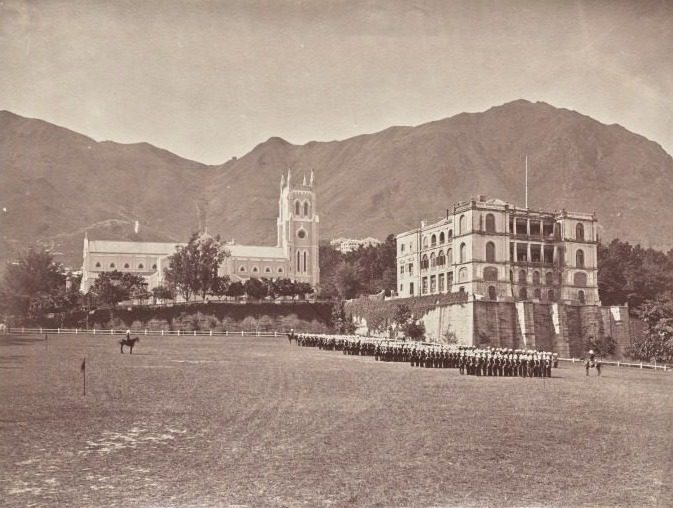 Untitled (Hong Kong, St. John’s Cathedral, from the Parade Ground, H.M. Regiment on Parade) by Lai Fong (Afong Studio) (Chinese, c. 1839–1890)