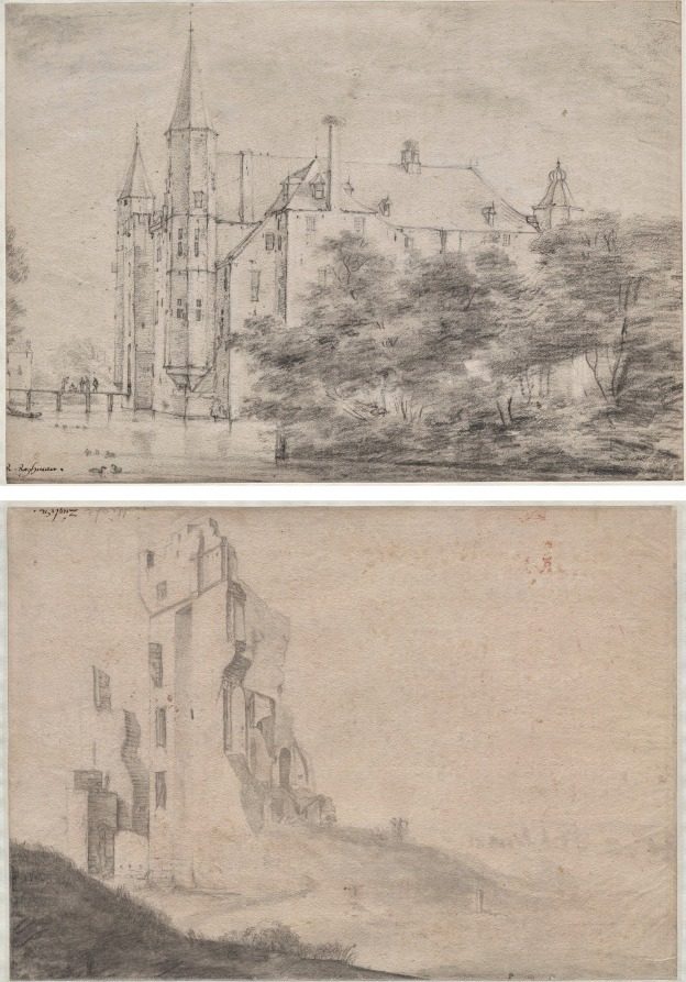 Zuylen Castle, near Utrecht (recto)/Ruin of the huis Ter Kleef, near Haarlem (verso) by Roelant Roghman (Dutch, 1627–1692)