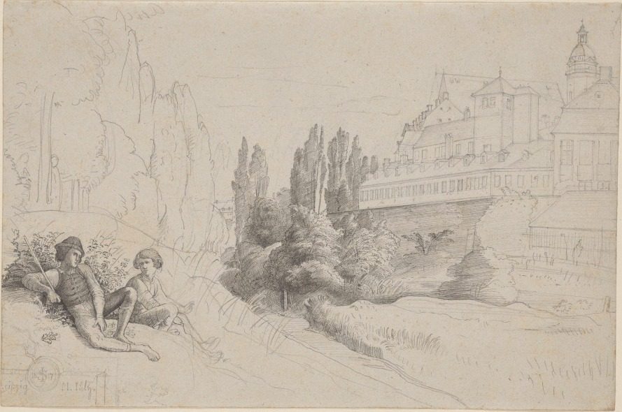 View across the Moat towards the Thomasschule and the Thomaskirche in Leipzig by Julius Schnorr von Carolsfeld (German, 1794–1872)