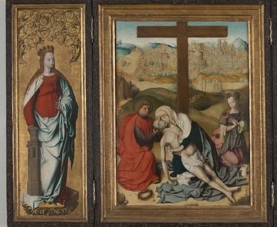 Triptych with The Lamentation of Christ (center), St. Barbara (left wing), St. Catherine of Alexandria (right wing), The Annunciation (reverse wings) by Master of the Krainburg Altar (Austrian, active c. 1485–1510)
