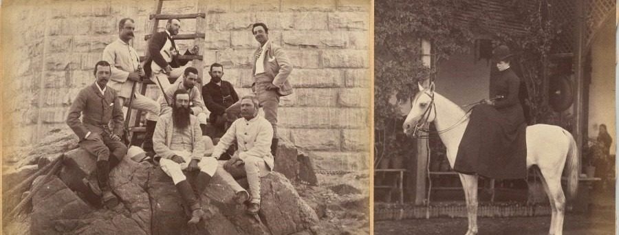 Managing staff of Meprs. Glover & Co. at Sindh Bridge (recto, top); Untitled: Woman on horse (verso, right) by Raja Deen Dayal (Indian, 1844–1905)