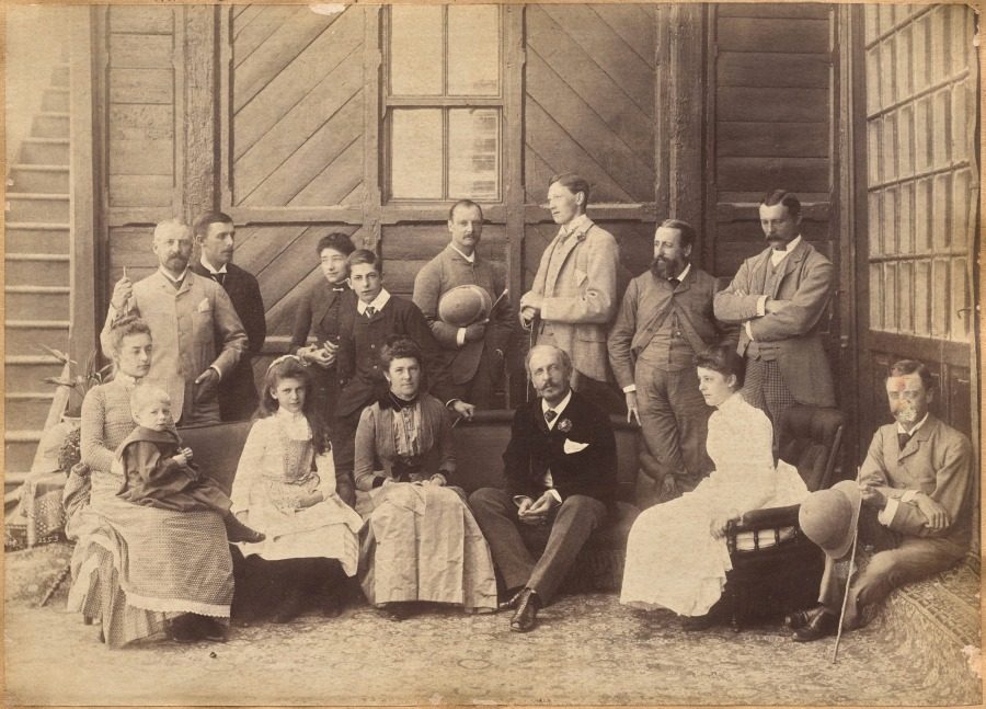 Shimla 17th May 1887: Viceregal party. Lord William Beresford, Military Secretary, Captain Leonard Gordon A.D.C., Mademoiselle Clerc, The Honorable Basit Blackwood, Major F. R. Hamilton A.D.C., Mr. Oglivie Grant, Sir Donald Mackenzie Wallace K.C.E., Private Secretary, Dr. J. Findlay, Mrs. F. R. Hamilton, Master G. Hamilton, Lady Victoria Blackwood, H. E. The Countess of Dufferin, H. E. The Earl of Dufferin, Lady Hermione Blackwood, Lord Herbrand Russell, A.D.C. (recto) by Raja Deen Dayal (Indian, 1844–1905)