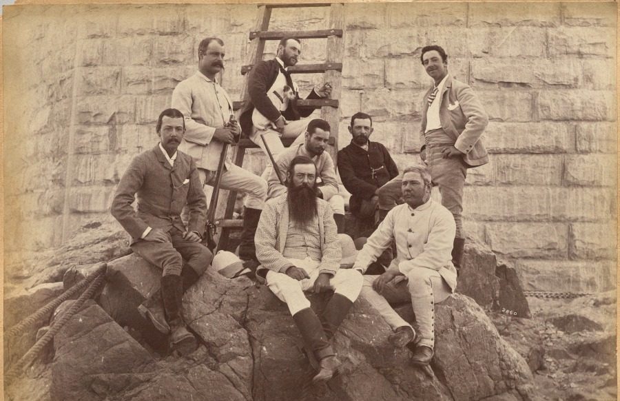 Managing staff of Meprs. Glover & Co. at Sindh Bridge (recto, top) by Raja Deen Dayal (Indian, 1844–1905)