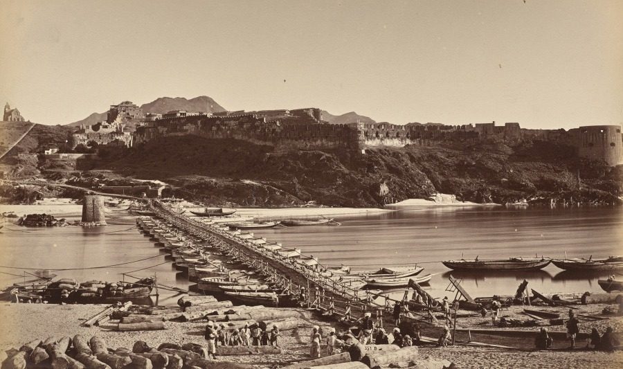 The Bridge of Boats and Fort from Khairabad by John Burke (Irish, 1845–1915)