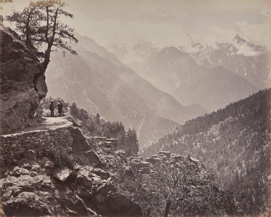 The Upper Himmalayahs. View on the New Road between India and China. Mt. Pangi with the Snowy Peaks of China in the Distance by Samuel Bourne (British, 1834–1912)