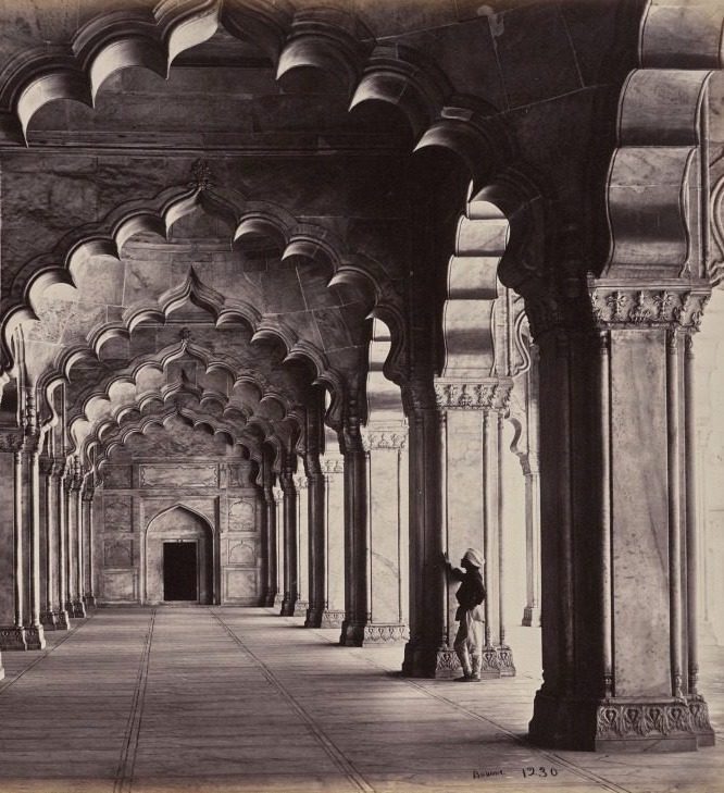 Agra. The Motee Hasjid in Pearl Mosque. View of the Entire Aisle by Samuel Bourne (British, 1834–1912)