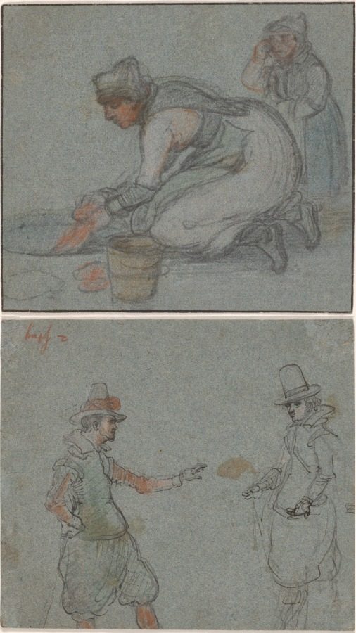 A Woman Doing Laundry in an Ice Hole (recto); Two Gentlemen (verso) by Hendrick Avercamp (Netherlandish, 1585–1634)