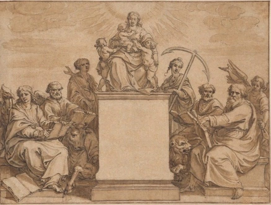 The Three Theological Virtures: Faith, Hope, and Charity, Surrounded by the Four Evangelists by Pieter I de Jode (Flemish, 1570–1634)