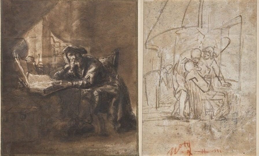 An Old Man Seated at a Table, His Head Resting on His Right Hand (recto); The Healing of Tobit (verso) by Ferdinand Bol (Dutch, 1616–1680)