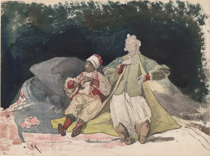 Two Dolls or Puppets Sitting on Cushions by Henri Joseph Harpignies (French, 1819–1916)