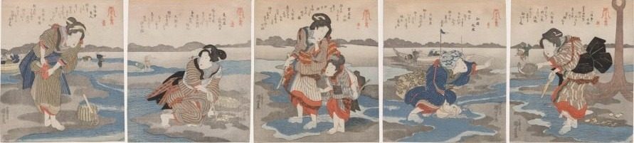 A Low Tide Pentaptych by Utagawa Kuniyoshi (Japanese, 1797–1861)