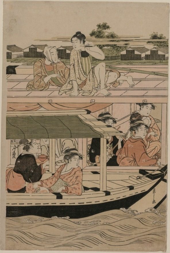 Print from Pleasure Boats on the Sumida River beneath Shin-Ōhashi Bridge by Chōbunsai Eishi (Japanese, 1756–1829)