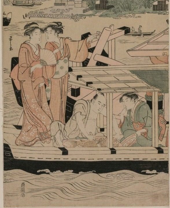 Leftmost Print from Pleasure Boats on the Sumida River beneath Shin-Ōhashi Bridge by Chōbunsai Eishi (Japanese, 1756–1829)