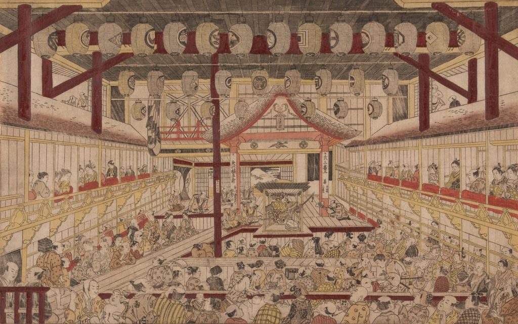 Perspective View of the Interior of the Nakamura Theater with Ichikawa Ebizo II as Yanone Goro by Okumura Masanobu (Japanese, 1686–1764)