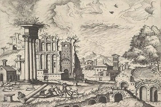 View of the Roman Forum, looking toward the Palatine Hill, from "The Small book of Roman ruins and buildings" (Operum antiquorum romanorum) by Hieronymus Cock