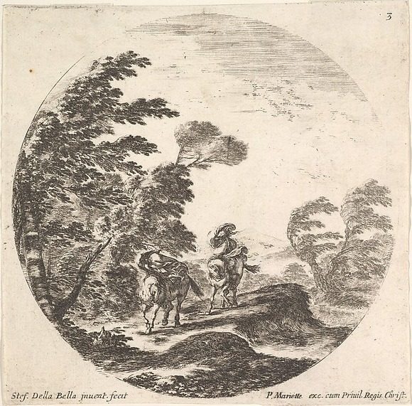 Plate 3: a gale in the forest, two horsemen wrapped in their cloaks, the wind blowing, from "Roman landscapes and ruins" (Paysages et ruines de Rome) by Stefano della Bella