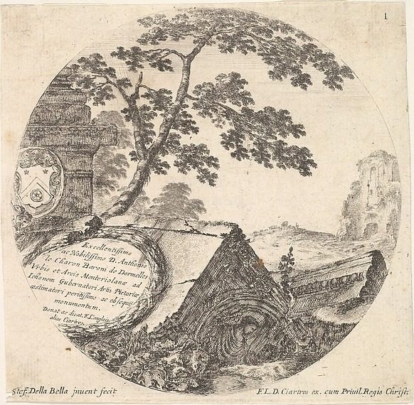 Plate 1: various fragments of ancient monuments, from "Roman landscapes and ruins" (Paysages et ruines de Rome) by Stefano della Bella