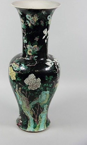 Vase with pheasants, rocks, and flowers