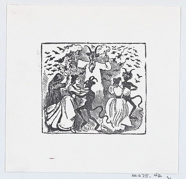 Demons dancing with women and bats flying through the sky by José Guadalupe Posada