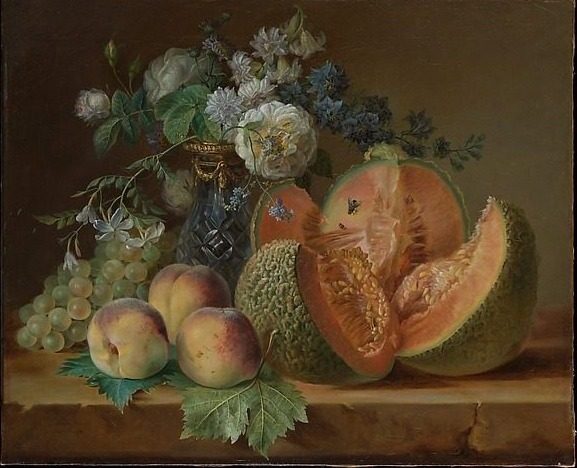 Still Life with a Vase of Flowers, Melon, Peaches, and Grapes by Charlotte Eustache Sophie de Fuligny Damas, marquise de Grollier