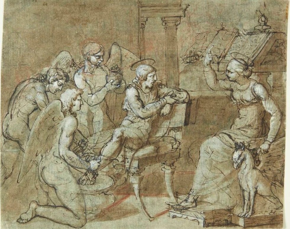 En mandlig helgen vaskes og plejes af engle, mens han lytter til en kvindelig helgen, der sidder foran en læsepult og peger opad. Den Hl.Sebastian hos den Hl.Irene? by Bartolommeo Letterini