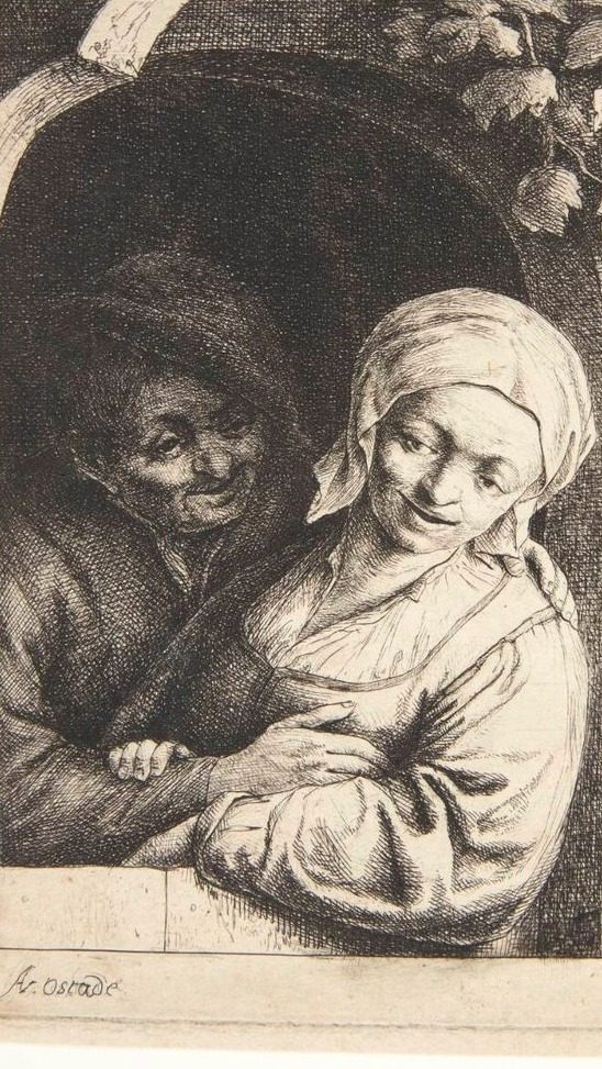 Mand, der omfavner en bondepige i en døråbning by Adriaen van Ostade