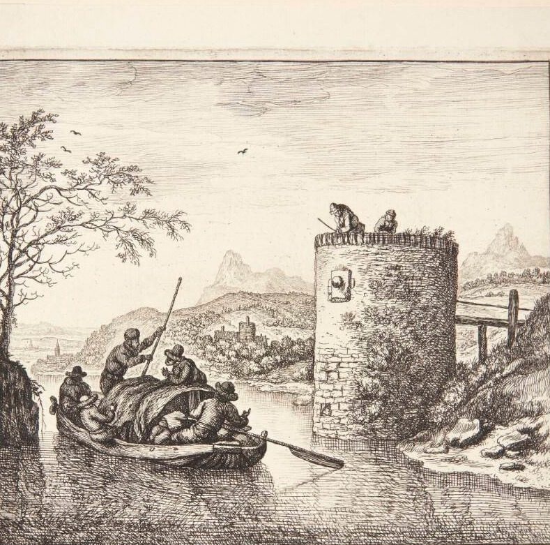 Prospekt af Rhinen, en lastet båd passerer et tårn by Jan van Almeloveen