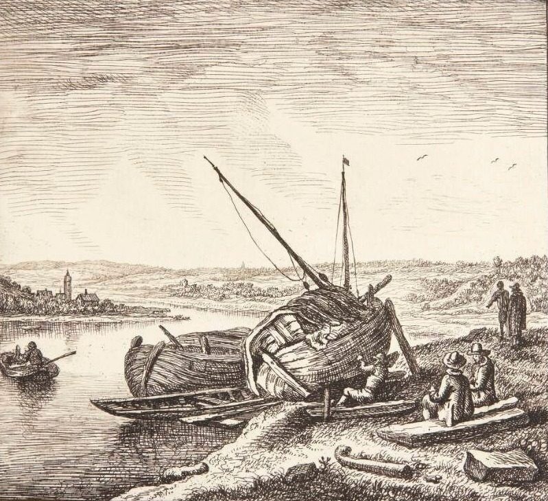 Prospekt af Rhinen, t.h. en båd, der kalfatres by Jan van Almeloveen