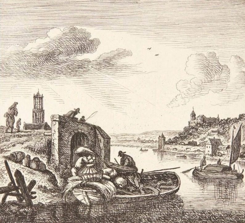 Prospekt af Rhinen, t.v. en pram, der lastes by Jan van Almeloveen