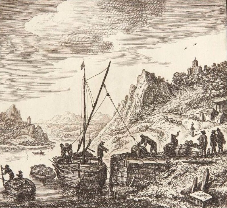 Prospekt af Rhinen, t.h. et anløbssted med en sejlbåd, der lastes by Jan van Almeloveen