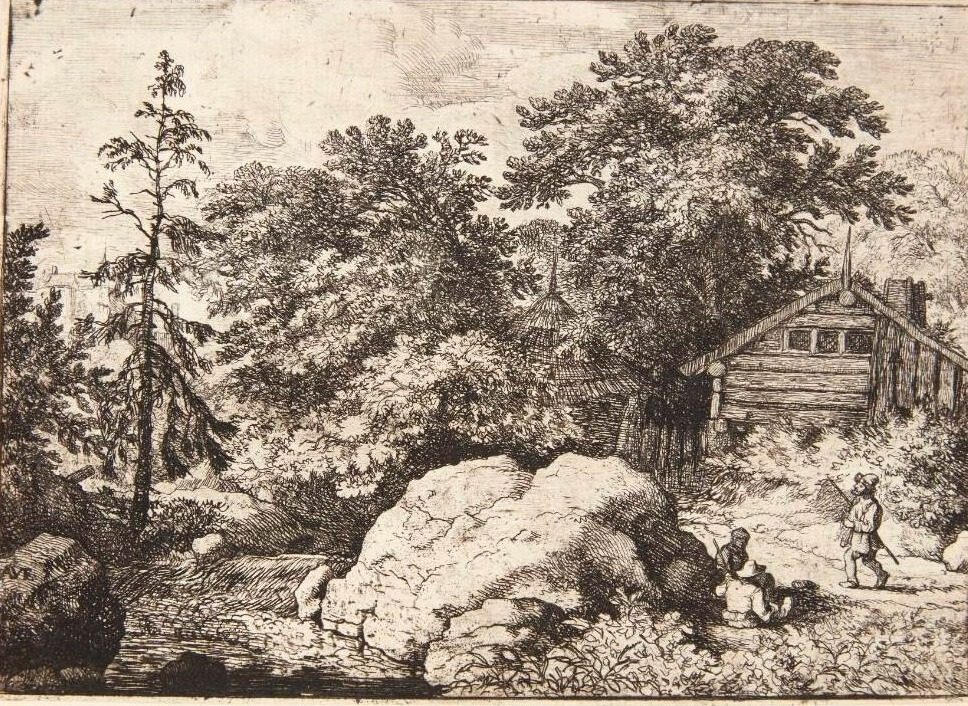 Landevej, i forgrunden to mænd siddende ved en stor sten by Allaert van Everdingen