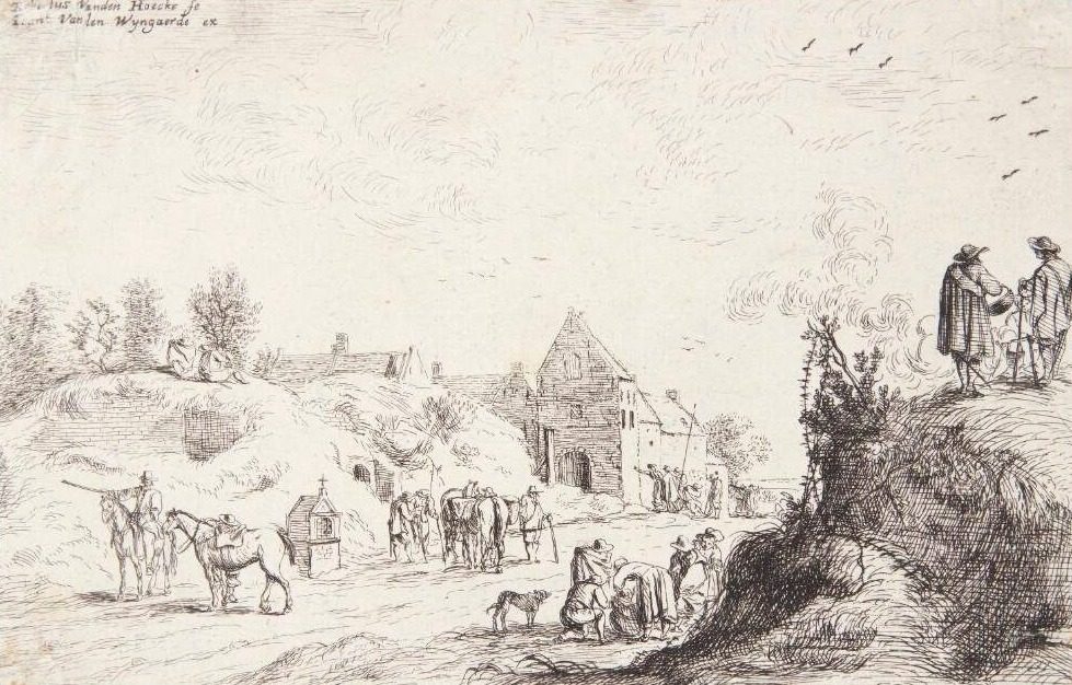 To soldater og en kvinde på en lille bakke, samlet om et bål med en kedel by Robert van den Hoecke