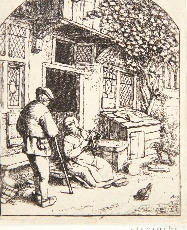 Mand i samtale med en kvinde, som vinder garn by Adriaen van Ostade