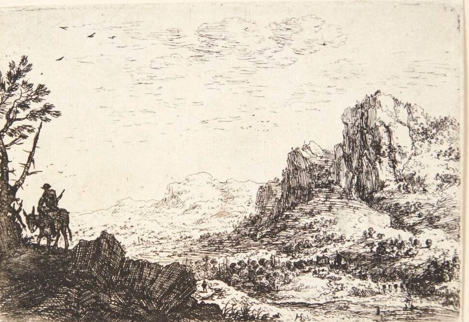 Panorama over bjergrigt landskab, i forgrunden en mand ridende på et æsel by Herman Saftleven
