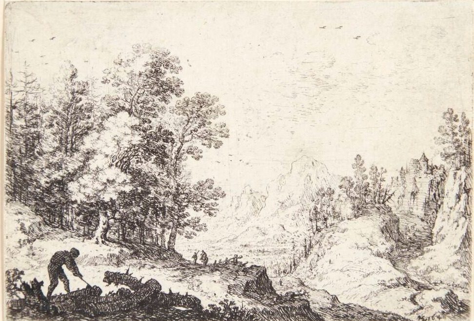 Panorama over bjergrigt landskab, i forgrunden en brændehugger by Herman Saftleven