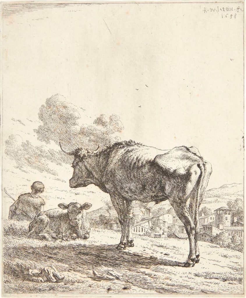 Stående okse og liggende kalv by Karel Du Jardin