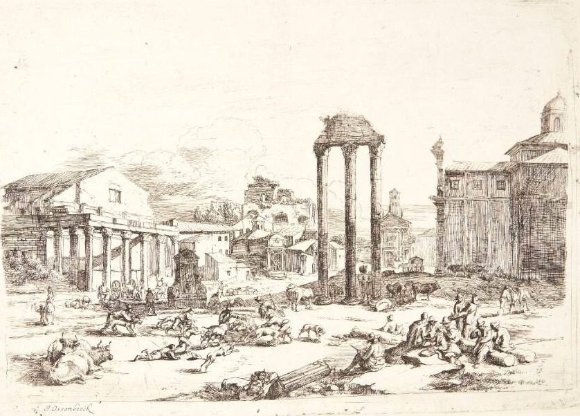 Kvægmarkedet ved Campo Vaccino (Forum Romanum) i Rom med ruinerne af Jupitertemplet by Ossenbeeck, Jan van