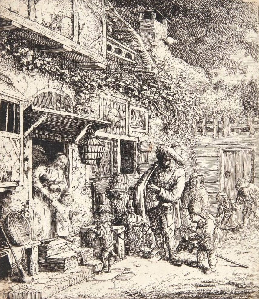 Lirekassemand med en dansende hund by Cornelis Dusart