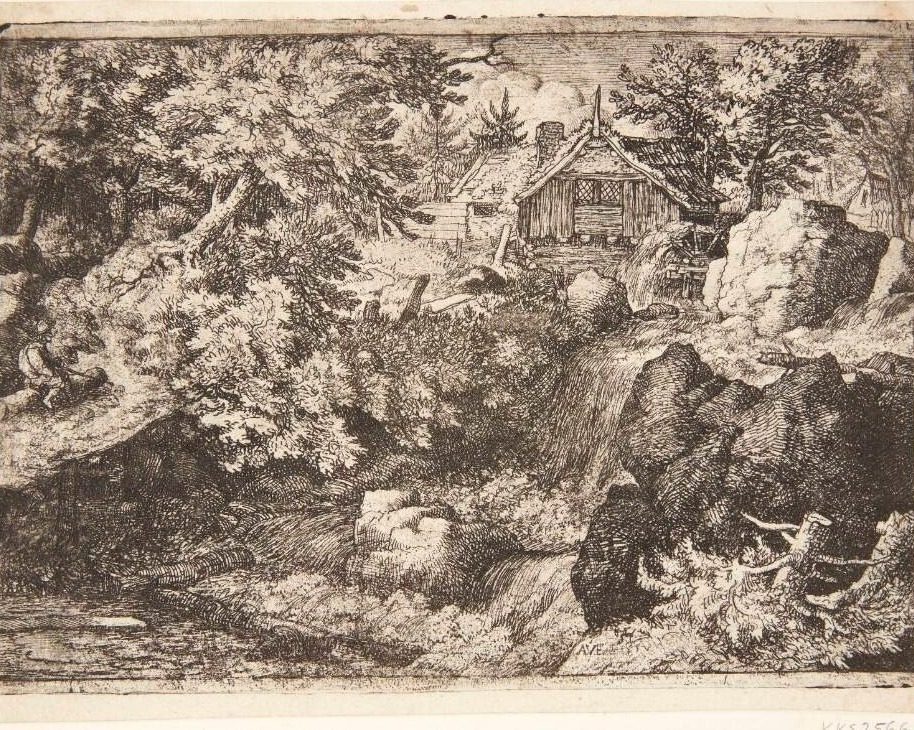 Vandmølle ved et vandfald by Allaert van Everdingen