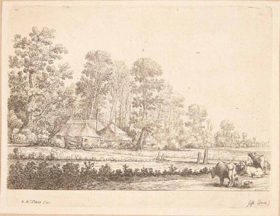 Mark med en pige, der malker en ko, i baggrunden en gård omkranset af træer by Herman Saftleven