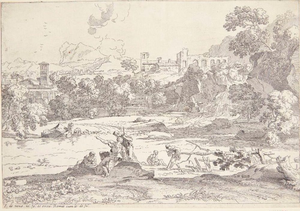 Landskab med hyrder og kvinder, der vasker tøj i en flod by Franciscus de Neve