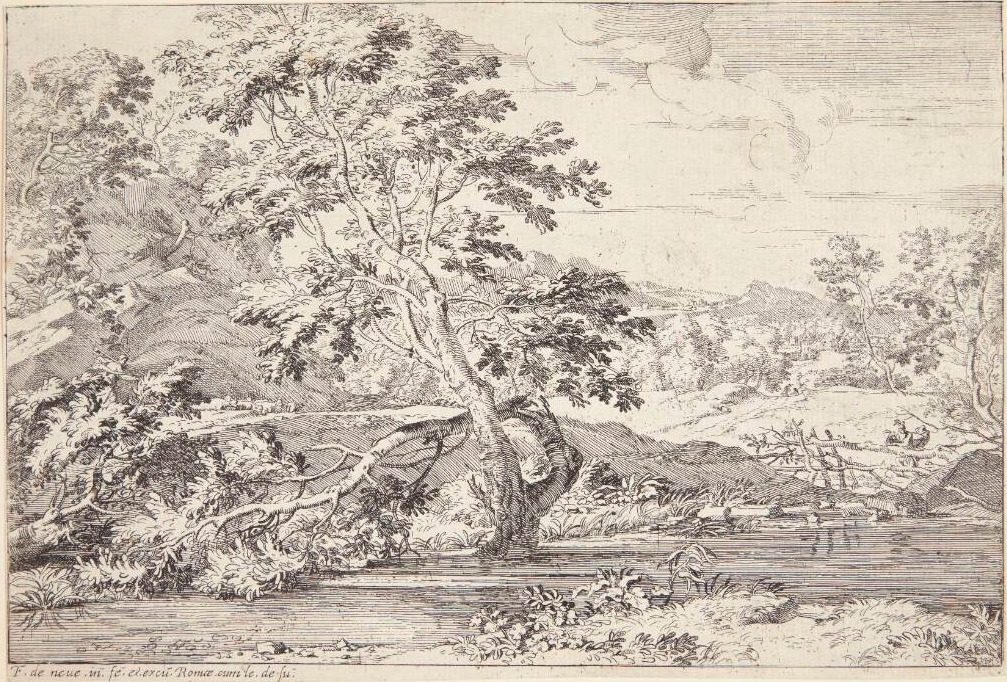 Flodlandskab med et træ med rødderne i vandet by Franciscus de Neve