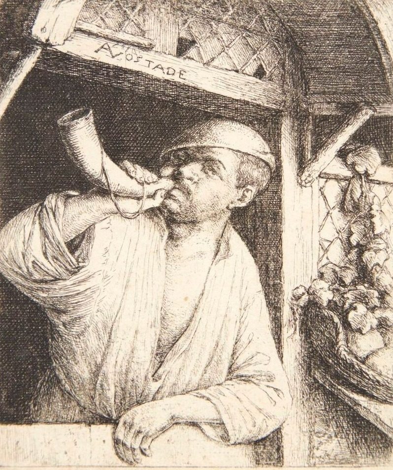 En bager, der blæser i sit horn by Adriaen van Ostade