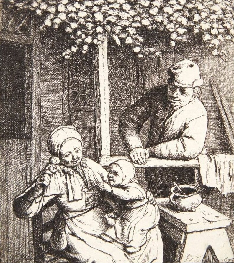 Familie uden for et bondehus, moren med en trædukke i hånden by Adriaen van Ostade