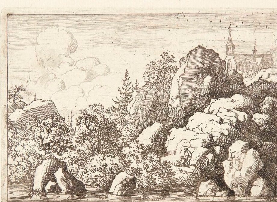 Landskab med en kirke på et bjerg by Allaert van Everdingen