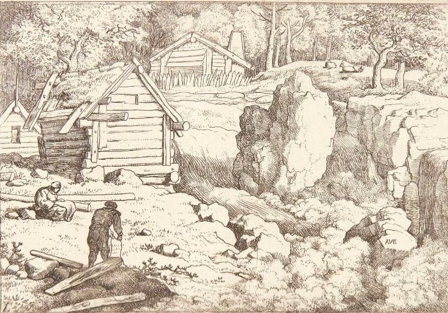 Klippelandskab med tre bjælkehytter, forrest to tømrer i arbejde by Allaert van Everdingen