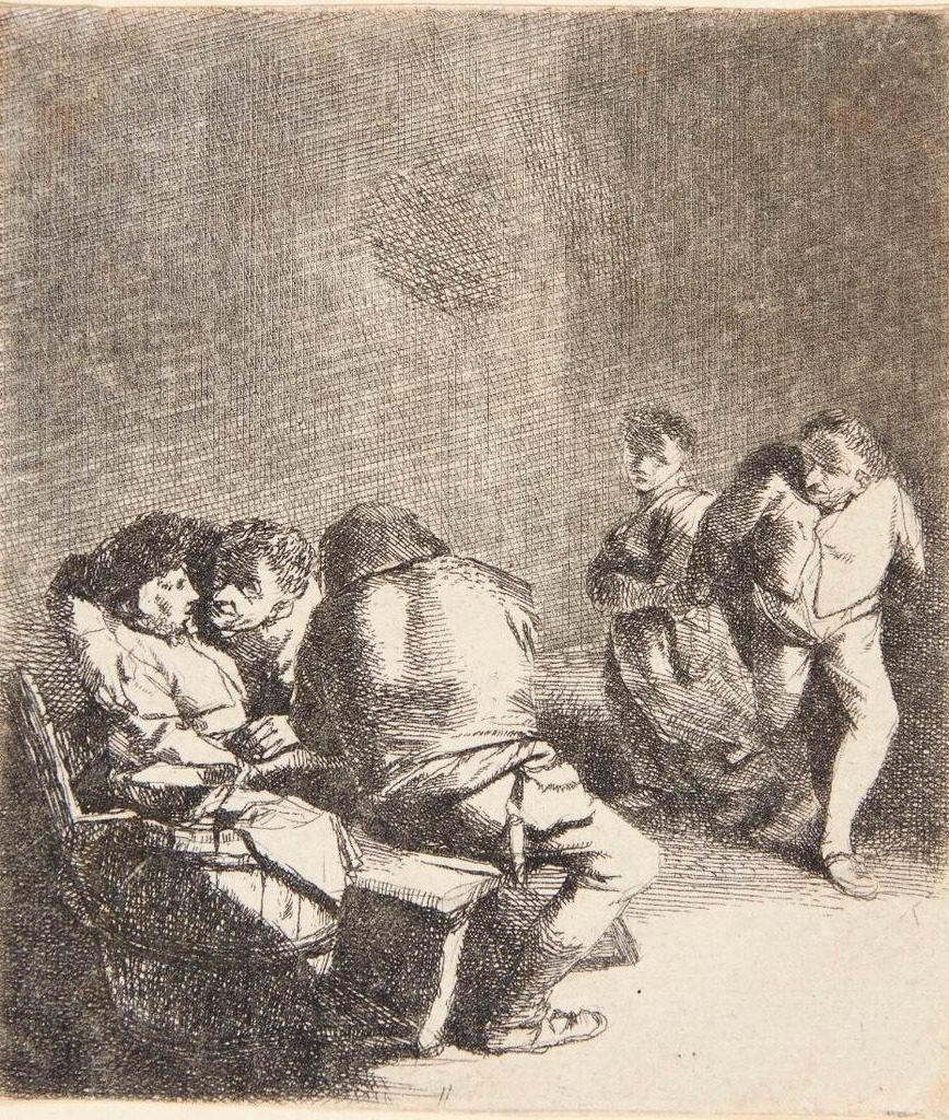 Tre siddende personer og et dansende par by Cornelis Pietersz Bega