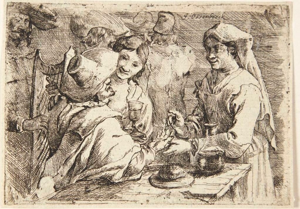 Spåkvinde og en ung mand, t.v. for dem en ung kvinde og en harpespiller by Ossenbeeck, Jan van