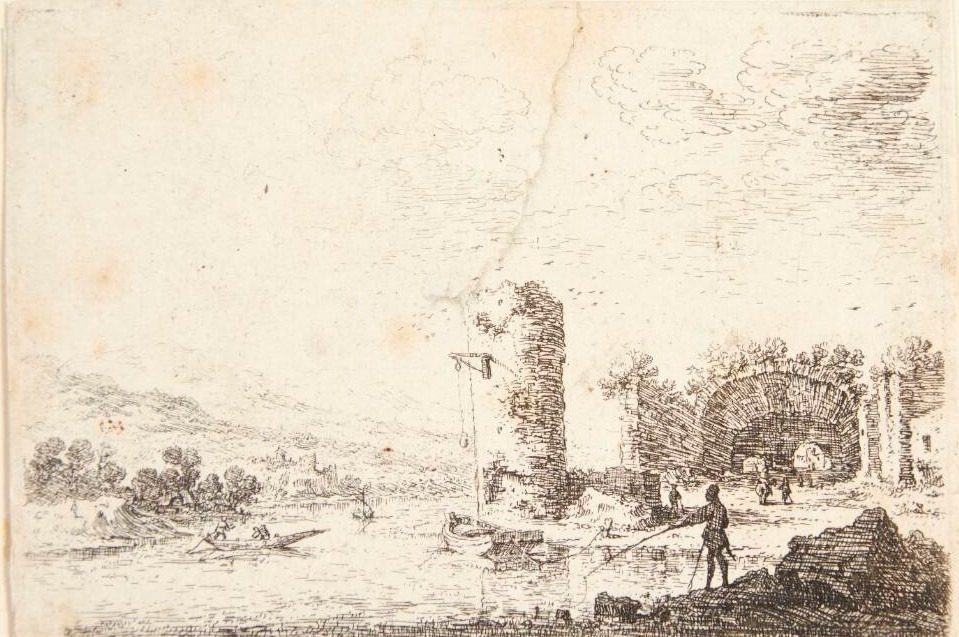 Ruiner med et tårn ved en flodbred by Herman Saftleven