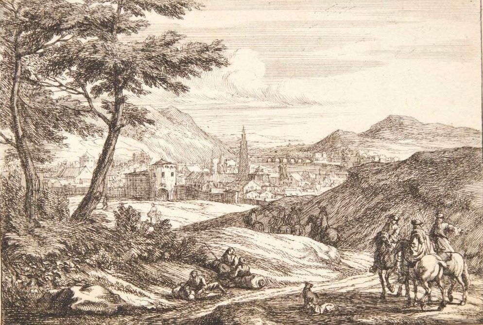 Udsigt mod en by med et gotisk spir by Jan van Huchtenburg
